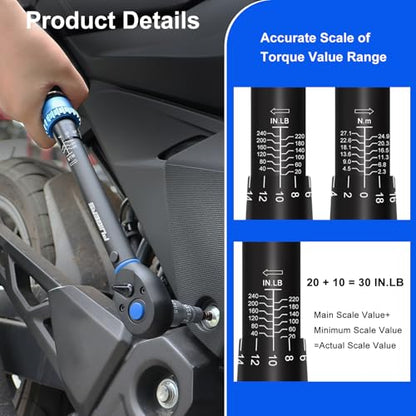 3/8" Drive Inch Pound Torque Wrench 20-240 in.lb, ±3% Accuracy, Dual-Direction 72-Tooth Small Torque Wrench Set with Extension Bar 3/8" Adapter for Bike Motorcycle Car Maintenance - size: 3/8" 20-240 in.lb - 4 Pcs
