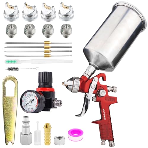 HVLP Gravity Feed Spray Gun with 4 Nozzles 1.4/1.7/2.0/2.5mm - color: Red