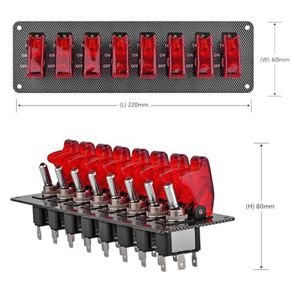 8 LED Racing Car Toggle Switch Panel 12V DC, Carbon Fiber Coated Aluminum Plate, Safety Cover Protection, Suitable for car, Truck, Ship Modification (8 Red Switches) - color: Red