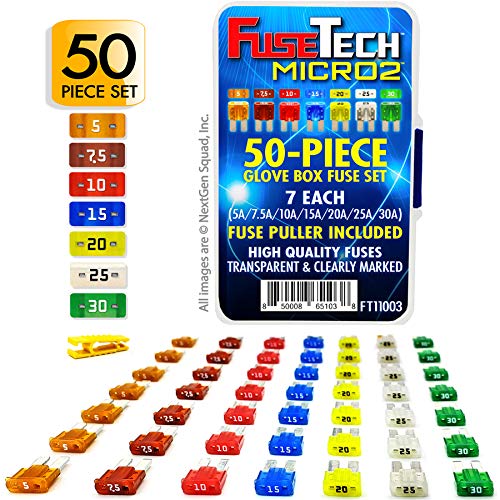 Micro2 APT ATR 50 Piece Automotive Car Fuse Assortment Glove Box Set (49 Micro 2 Blade Fuses + Fuse Puller) 5A 7.5A 10A 15A 20A 25A 30A