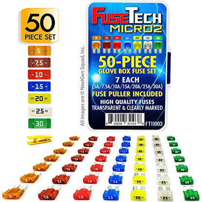 Micro2 APT ATR 50 Piece Automotive Car Fuse Assortment Glove Box Set (49 Micro 2 Blade Fuses + Fuse Puller) 5A 7.5A 10A 15A 20A 25A 30A