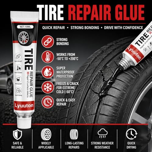 Tire Repair Kit with Tire Glue & Rubber Cement - Heavy Duty Tire Repair Glue for Car, Truck, Motorcycle - Fix a Flat Tire Sealant & Puncture Plug Kit - Durable Tire adhesive Sidewall Repair 2pcs