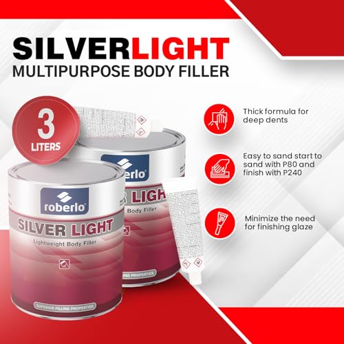 Roberlo Silver Light Multipurpose Body Filler 3L, Pack of 2, Easy Sanding, Strong Adhesion, Smooth Finish for Automotive Repair - size: 100 Fl Oz (Pack of 2)