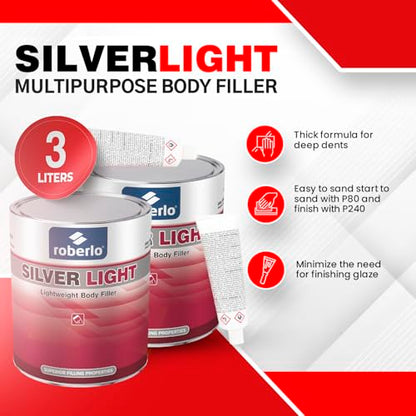 Roberlo Silver Light Multipurpose Body Filler 3L, Pack of 2, Easy Sanding, Strong Adhesion, Smooth Finish for Automotive Repair - size: 100 Fl Oz (Pack of 2)