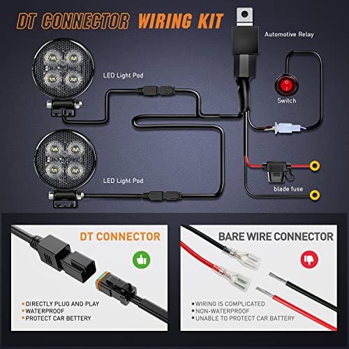 Nilight 2 PCS 3 Inch LED Pods Round 1500LM Built-in EMC Work Light 90° Flood Beam Angle Offroad Side Lights w/ 16AWG DT Wiring Kit for Tractor Truck Boat ATV UTV - color: White Led Pods +Wiring harness