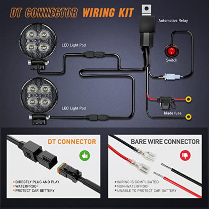 Nilight 2 PCS 3 Inch LED Pods Round 1500LM Built-in EMC Work Light 90° Flood Beam Angle Offroad Side Lights w/ 16AWG DT Wiring Kit for Tractor Truck Boat ATV UTV - color: White Led Pods +Wiring harness