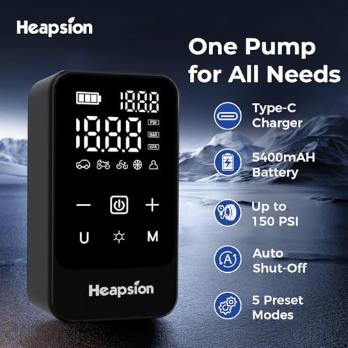 Heapsion Tire Inflator Portable Air Compressor, LED Display & Auto Shut-Off, 5 Modes, 150PSI Cordless Air Pump with Digital Pressure Gauge for Car, Balls, Bike, Motorcycle, Car Accessories, Black - color: Black