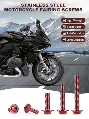 Motorcycle Fairing Bolt Kit Red, 195Pcs Stainless Steel M5 M6 - color: red