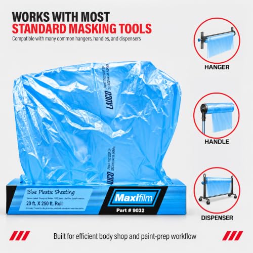 MAXIFILM 16ft x 350ft Roll of Blue Overspray Paintable Masking Plastic Sheeting -8 Micron, 0.3 Mil, Protective Masking Film Cover, Auto Painting, Cover Cloth Home Walls Furniture (1, 16ft x 350ft)