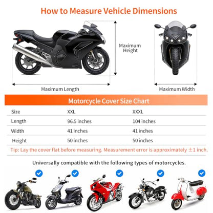 Motorcycle Cover Waterproof Outdoor, 420D Heavy‑Duty Thick Powersports Vehicle Covers with Breathable Vent Windows, Fits Up to 104 Inch, Lock-Holes, Storage Bag & Night Reflective Design - size: 3XL
