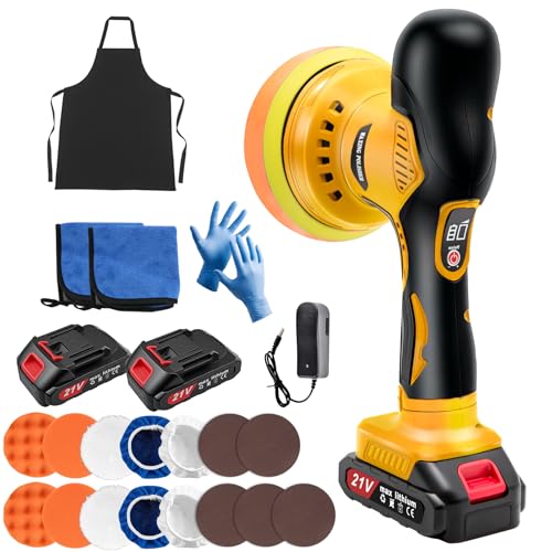 Cordless Car Buffer Polisher, 6 Inch Orbital Polisher Kit with 2x21V Batteries & 21 PCS Attachments, 8-Speed Variable Max 6000RPM Buffer for Car Detailing, Polishing, Waxing, Scratch Removing - color: Yellow