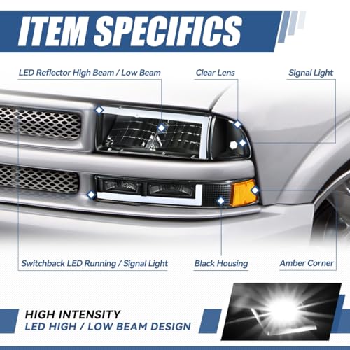 Auto Dynasty 4Pcs Switchback L-LED DRL Headlights Assembly and Bumper Lamps Compatible with Chevy Blazer S10 1998-2004, Driver and Passenger Side, Black Housing - color: Black / Amber, size: L-Style LED DRL