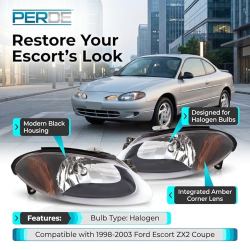 PERDE Headlights Compatible with 1998-2003 Ford Escort ZX2 Coupe Black Housing Headlamps Set Right Passenger And Left Driver Set
