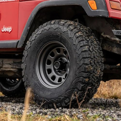 Rough Country Gray Steel Wheel - 15x8, 5x4.5 Bolt Pattern, 19mm Offset, 3.30 Bore, Heavy-Duty D-Window Off-Road Rim for Trucks & Jeeps