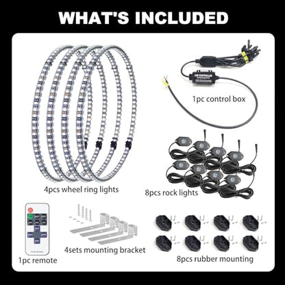 Pure White 8Pods Rock Lights & 17inch Double Row Wheel Lights Combo - size: 17inch-8pod