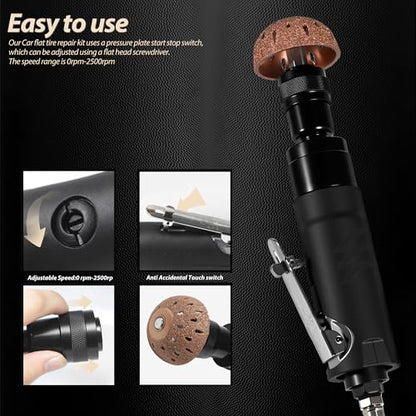 Tire Repair Kit, 2500RPM Low Speed Air Tire Buffer, Pneumatic Tire Repair Tool with 55mm 40mm Tungsten Steel Buffing Wheels, Tire Roller, Tire Inner Liner Scraper for Tire Repair Patch Tools