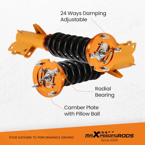 maXpeedingrods Coilovers for Ford Mustang 2005-2014, 24 Levels Damping Adjustable Coilovers Suspension Kit, Height Adjustable Shock Absorber Struts, Coilover Lowering Kit, Gold - color: Gold