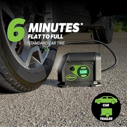 Slime 40088 Tire Inflator, Portable Car Air Compressor, Inflate Right automatic shut off, with Digital 99 psi Display, Long Hose and LED Light, 12V, 6 min inflation - style: Digital Tire Inflator