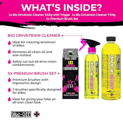 Muc-Off Drivetrain Cleaner & Degreaser Spray - size: 42.2 Fl Oz (Pack of 2) + 5 Brush Set