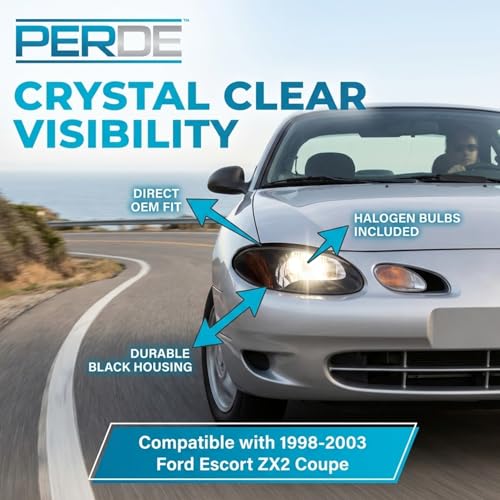 PERDE Headlights Compatible with 1998-2003 Ford Escort ZX2 Coupe Black Housing Headlamps Set Right Passenger And Left Driver Set