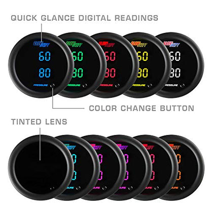 GlowShift 10 Color Digital Dual 100 PSI Pressure Gauge Kit, 2-1/16" 52mm