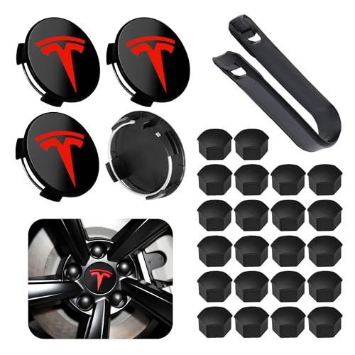 4 Pack Car Wheel Center Hub Cap Kit with 22 Lug Nut Covers - color: Glassy Black & Red