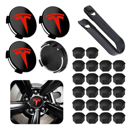 4 Pack Car Wheel Center Hub Cap Kit with 22 Lug Nut Covers - color: Glassy Black & Red