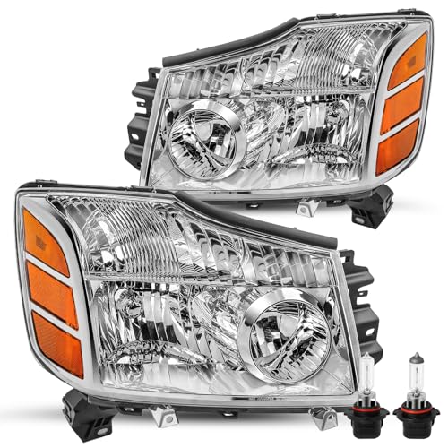 JSBOYAT Headlight Assembly Fit for 2004-2015 Nissan Titan / 05-07 Armada - color: Chrome Housing with Amber Reflector, size: With High & Low Beam Bulbs