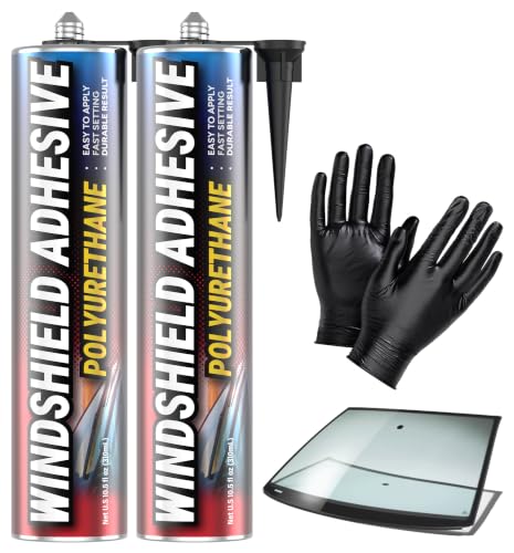 [2 Pack] Polyurethane Windshield Adhesive - Quick Curing & Weather Resistant Auto Glass Adhesive, Vertical & Overhead Application, Windshield Repair Kit with Gloves, Applicator Tip & Cartridge - 310ml