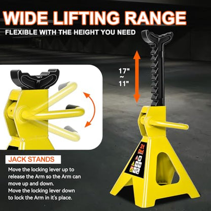 PM PERFORMOTOR Low Profile Hydraulic Trolley Service/Floor Jack Combo with 2 Ratchet Jack Stands, 2 Ton (4000 lbs) Capacity, Yellow,PM-TOL-FJ3P-YL - color: Yellow