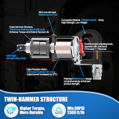 1 Inch Air Impact Wrench, Up to 3000ft-lbs Torque, 5000RPM 1'' Impact Gun - size: 1 Inch | 3000 ft-lbs