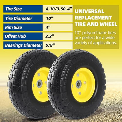 AR-PRO 10" Solid Tire and Wheel, Flat Free 4.10/3.50-4 Tire, 2-Pack - color: Yellow