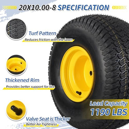 GICOOL 20x10.00-8 Lawn Mower Tire and Wheel, 3/4" Borehole, and 3/16" Keyway, 3.5" Offset Hub, 4 Ply Tubeless Tire, Replacement 20x10-8nhs Riding Lawn Mower and Tractor Rear Tire and Wheel Assemblies - size: 20x10.00-8 Tubeless