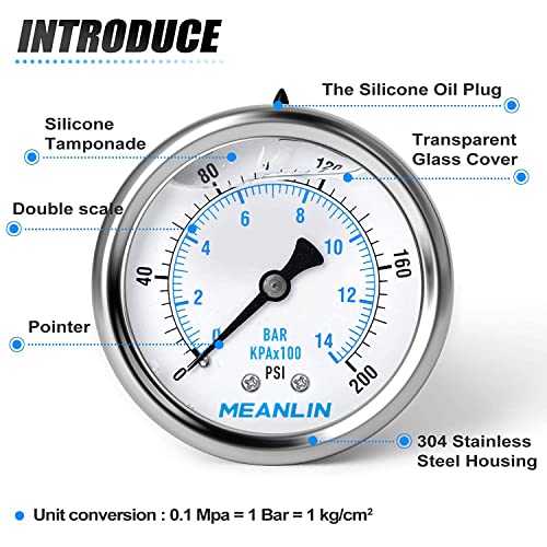 MEANLIN MEASURE 0~200Psi Stainless Steel 1/4" NPT 2.5" FACE DIAL Liquid Filled Pressure Gauge WOG Water Oil Air Center Back Mount, with 1/2" NPT and 3/8" NPT Hex Bushing - size: 0-200Psi