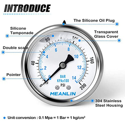 MEANLIN MEASURE 0~200Psi Stainless Steel 1/4" NPT 2.5" FACE DIAL Liquid Filled Pressure Gauge WOG Water Oil Air Center Back Mount, with 1/2" NPT and 3/8" NPT Hex Bushing - size: 0-200Psi