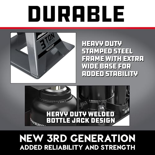 POWERBUILT 3 Ton All-in-One Hydraulic Bottle Jack and Jackstand in One, Compact, Wide Base, 11-21 Inch Range, Eliminates Jackstands, for Trucks, SUVs, RVs, Trailers, ASME, Not for Sedans - 640912 - color: gray