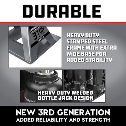 POWERBUILT 3 Ton All-in-One Hydraulic Bottle Jack and Jackstand in One, Compact, Wide Base, 11-21 Inch Range, Eliminates Jackstands, for Trucks, SUVs, RVs, Trailers, ASME, Not for Sedans - 640912 - color: gray