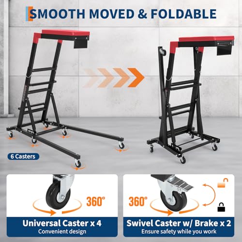 TrailBlaze Topside Automotive Engine Creeper – 400 lbs Capacity – Adjustable Height 48"-66" – Collapsible Heavy Duty Over Engine with 6 Swivel Casters, Thick Cushion & Tool Pouch – Black Shelf + Red - color: Black