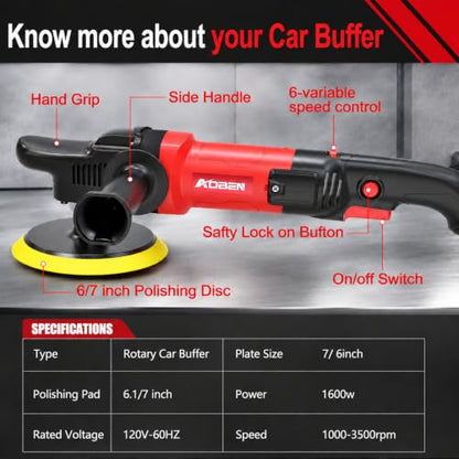 AOBEN Car Buffer Polisher,Rotary polisher,1600W Car Polisher Waxer with 6 Variable Speed,4 Polishing Pads,Detachable Handle for Car Polishing and Waxing - size: AT3501-D1