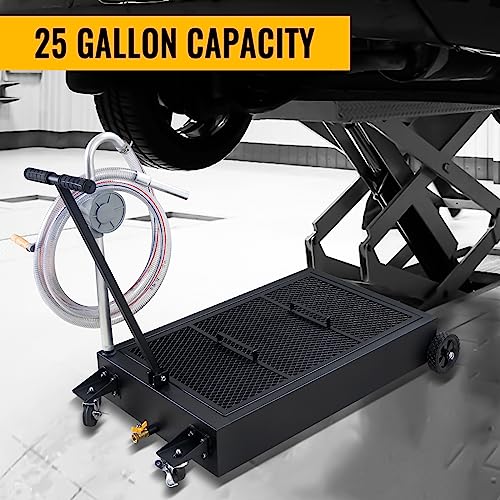 25 Gallon Oil Drain Pan Low Profile Oil Drain Tank Large Capacity Oil Change Pan with Foldable Hand, Pump, Hose, Swivel Casters Wheels Fit for Car, SUV, Trucks Oil Change Black - color: Black, size: 25 Gallon Manual Pump