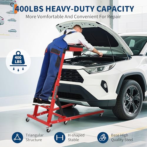 TrailBlaze Topside Automotive Engine Creeper – 400 lbs Capacity – Adjustable Height 48"-66" – Collapsible Heavy Duty Over-Engine with 6 Swivel Casters, Thick Cushion, Tool Pouch – Red Shelf + Black - color: Red+black