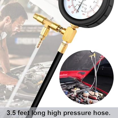 Fuel Injection Pressure Tester Kit 0-140 PSI, Universal Fuel Pump Pressure Gauge Set with Quick Release Valve, Reinforced Hoses & Multi-Size Adapters for Gasoline Engine Diagnostic ((TU-443Blue))