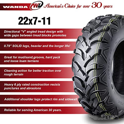 WANDA ATV Tire 22x7-11 Solid Lug Mud for Honda Recon 250 Suzuki Ozark 250 - size: 22x7-11