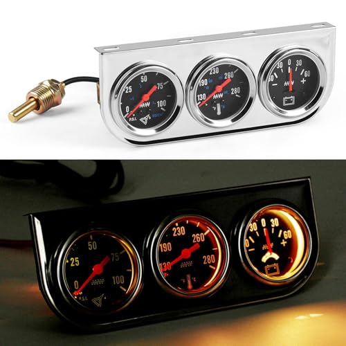2" 52mm Car Triple Gauge Kit Set Chrome Panel Mechanical 3 in 1 Oil Pressure Gauge Fahrenheit Water Temperature Temp Gauge AMP Ammeter Gauges Meter Black Face
