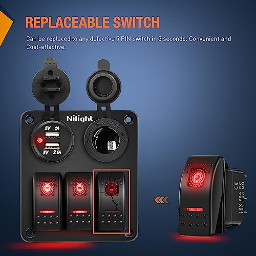 Nilight 3 Pack Rocker Switches 5 PIN with Night Glow DIY Stickers - color: Red 3 PCS
