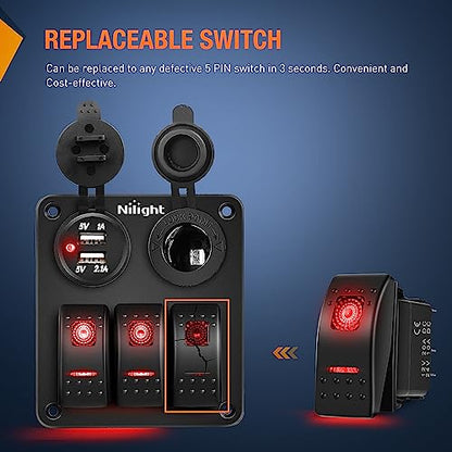 Nilight 3 Pack Rocker Switches 5 PIN with Night Glow DIY Stickers - color: Red 3 PCS