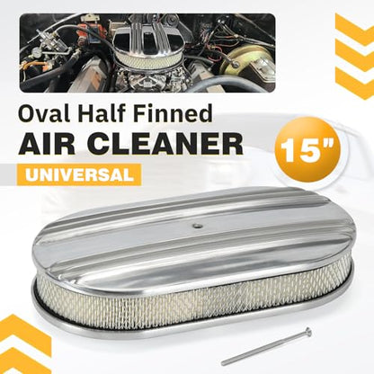 Universal 15" Oval Half Finned Air Cleaner Assembly,with Mounting bolt Silver Aluminum Alloy Oval Polished Full Finned - color: SILVER, size: 15" Oval Half Finned Air