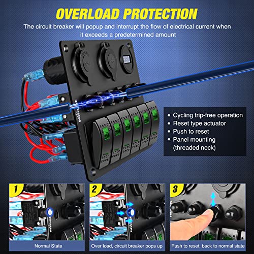 Nilight 6 Gang Rocker Switch Panel On Off Toggle Resettable Circuit Breaker - color: Green