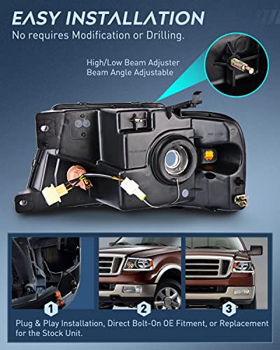Nilight Headlights Assembly for Ford F150 F-150 2004 2005 2006 2007 2008 - color: Black Housing+ Amber Reflector DRL