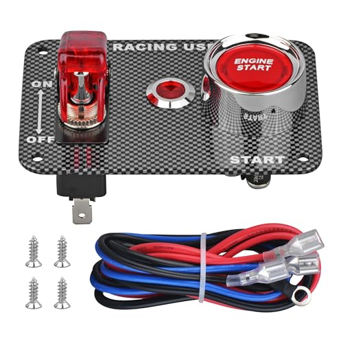 DC12V Racing Car Ignition Switch Panel Carbon Fiber Rocking Switch+Engine Start Push Button with Red Indicator Light (Red) - color: Red
